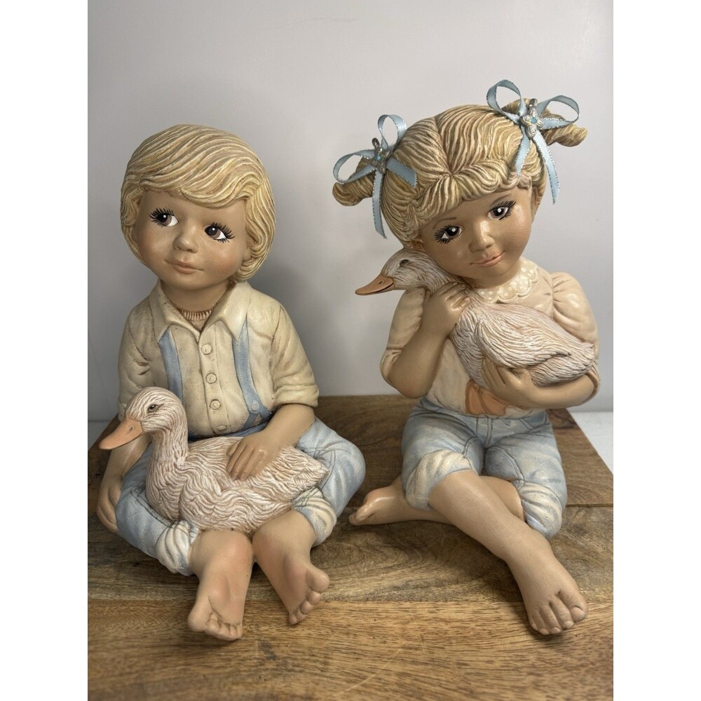 Vintage 1980s Ceramic Boy/Girl Figurines Goose Ducks Shelf Sitters Cottage Core
